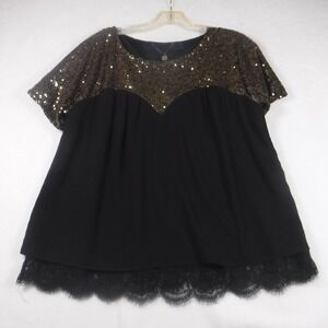 Luxe Boutique Womens Large Black‎ Bronze Sequin Lace Hem Blouse Top